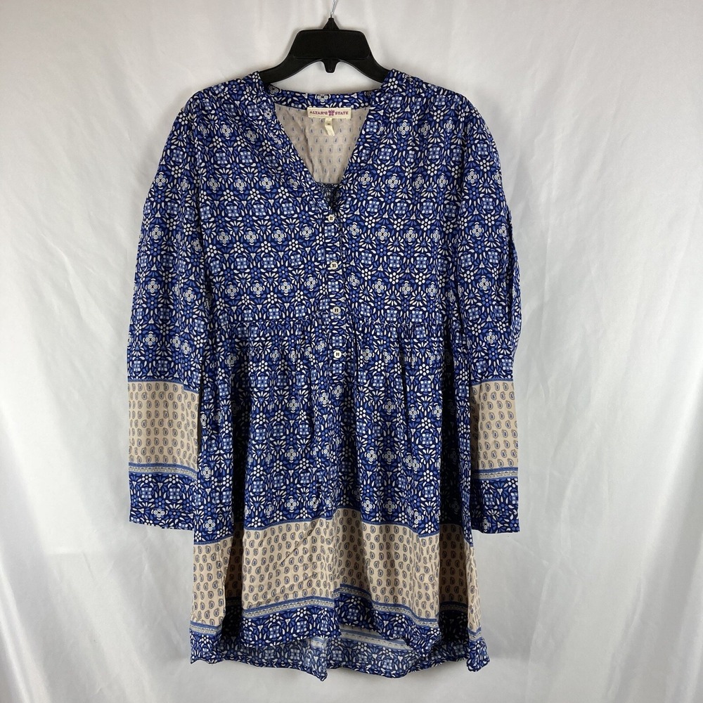 Altar'd State Blue Cream Paisley Boho Long Sleeve Tunic Baby Doll Dress S